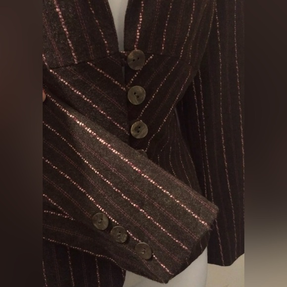 J.JILL Espresso Brown Wool Blends Blazer Pink Striped Flower Rosette Appliqué - Picture 7 of 10
